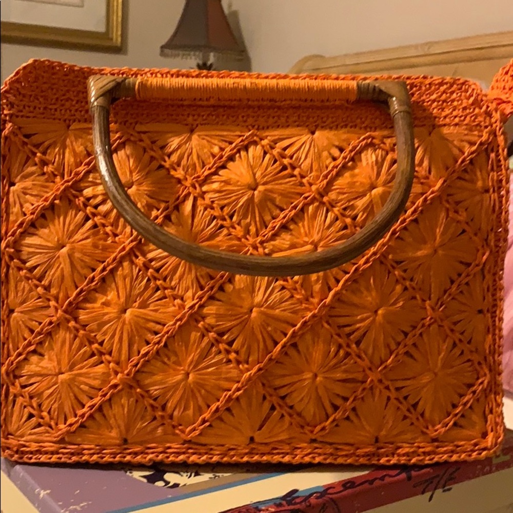 Woven handbag with bamboo Handles
